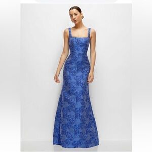 COBALT BLUE FLORAL METALLIC JACQUARD SQUARE NECK MAXI DRESS